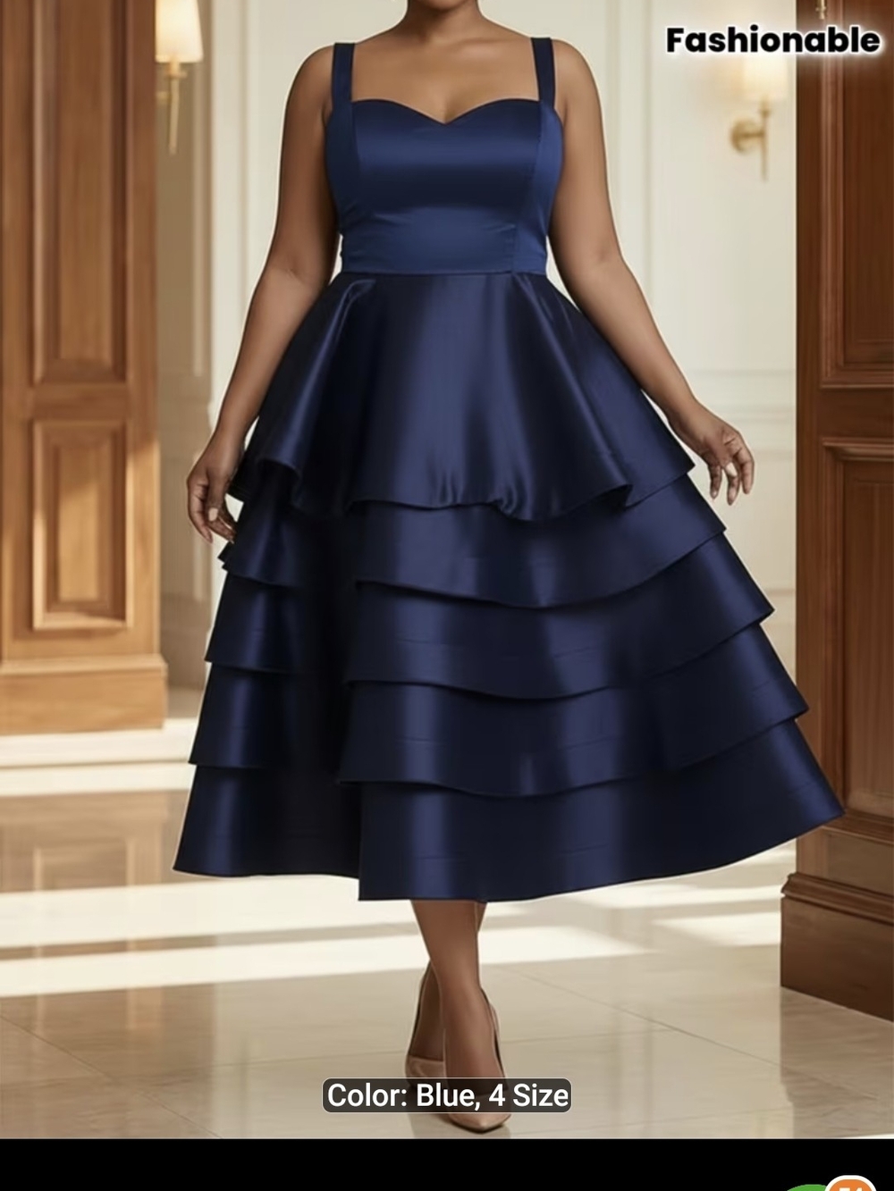 Women's Navy Blue Tiered Satin Dress